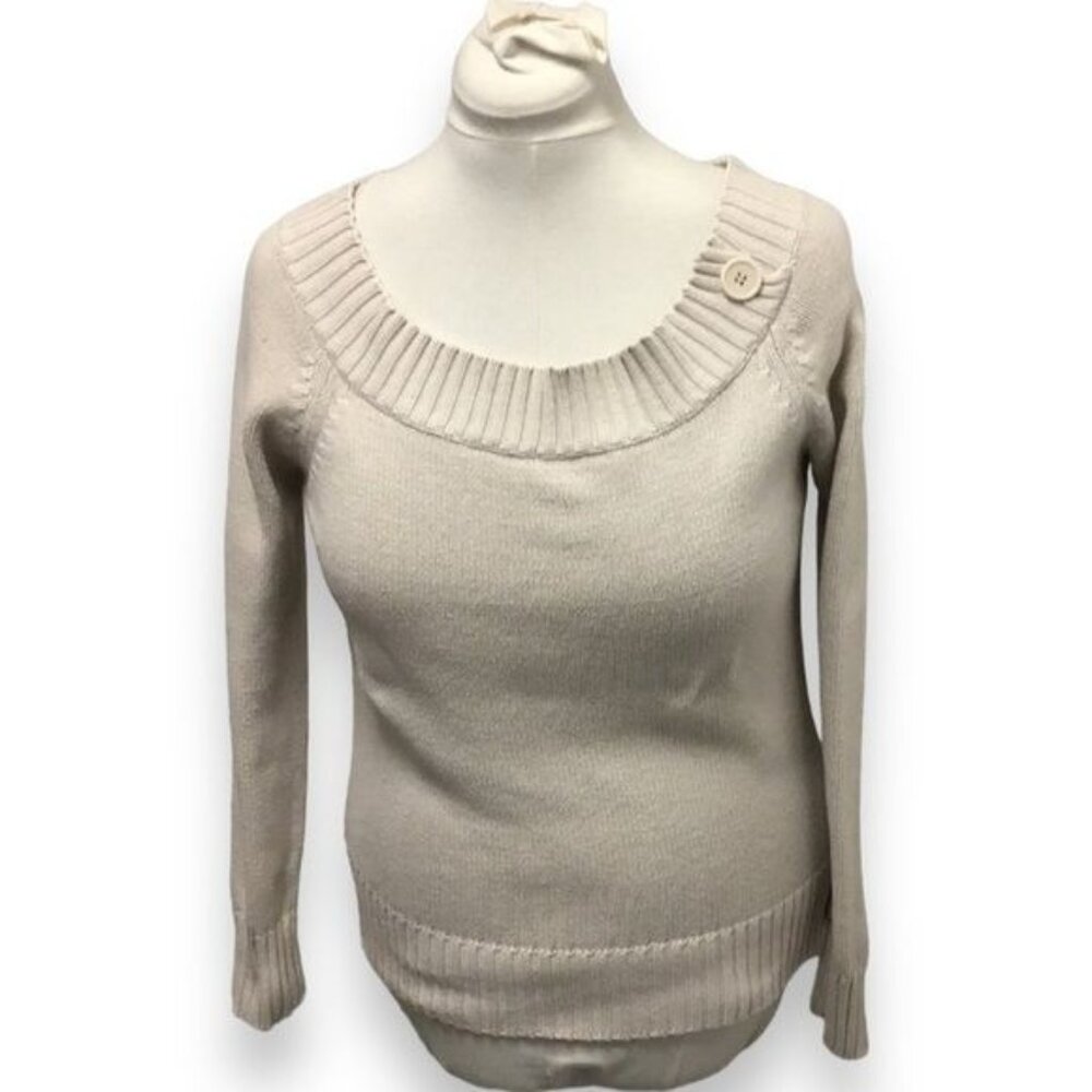 Roaman’s Vintage Women’s Wide Scoop Neck Cotton Sweater, Beige, size 10/12